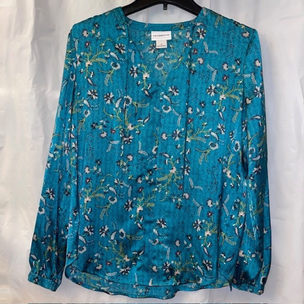 Liz Claiborne Jewel Toned Teal Floral‎ Boho Herringbone Silky V-Neck Top Sz M